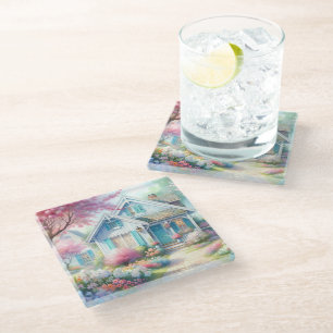 Blossom Lane Blue Cottage Garden Glass Coaster