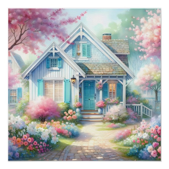 Blossom Lane Blue Cottage Garden Poster (Front)