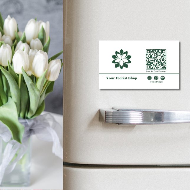 🌼Blossom Logo Florist Green & White Magnetic Business Card (🌼Blossom Logo Florist Green & White Business Card Magnet, Custom Logo, QR code, Social Button)