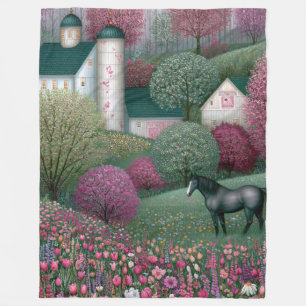 Blossom Meadow Hillside Horse Farm Fleece Blanket