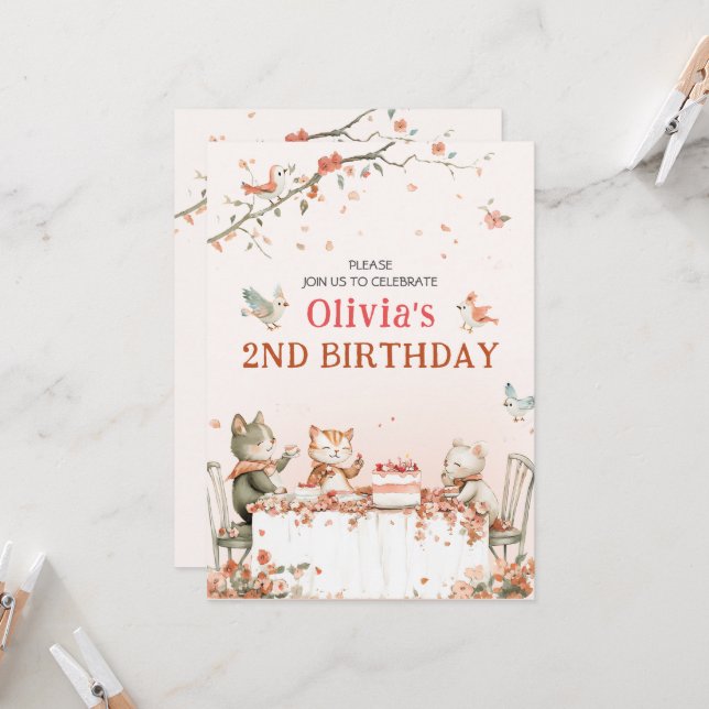 Blossom Party with Cats Invitation (Front/Back In Situ)