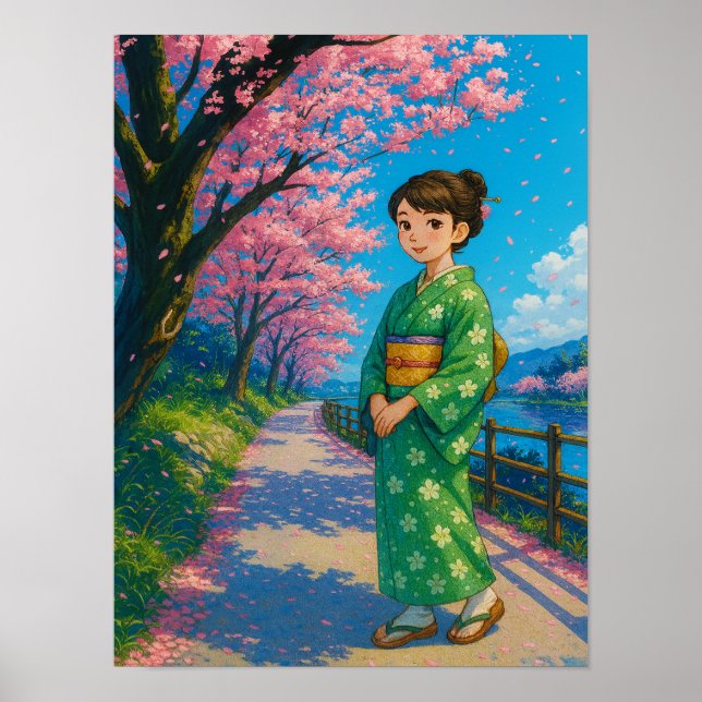 Blossom Path in Spring – Japanese Kimono Girl Art Poster (Front)