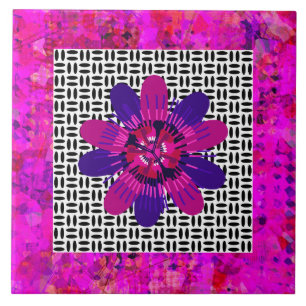 Blossom Petals in Pink and Purple Black and White Ceramic Tile
