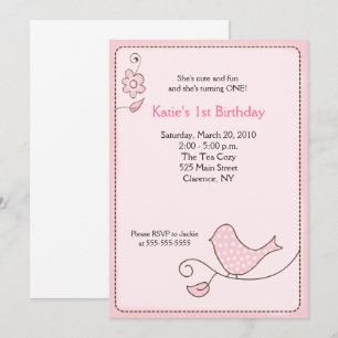 Blossom Polka Dot Pink Bird Birthday Invitation