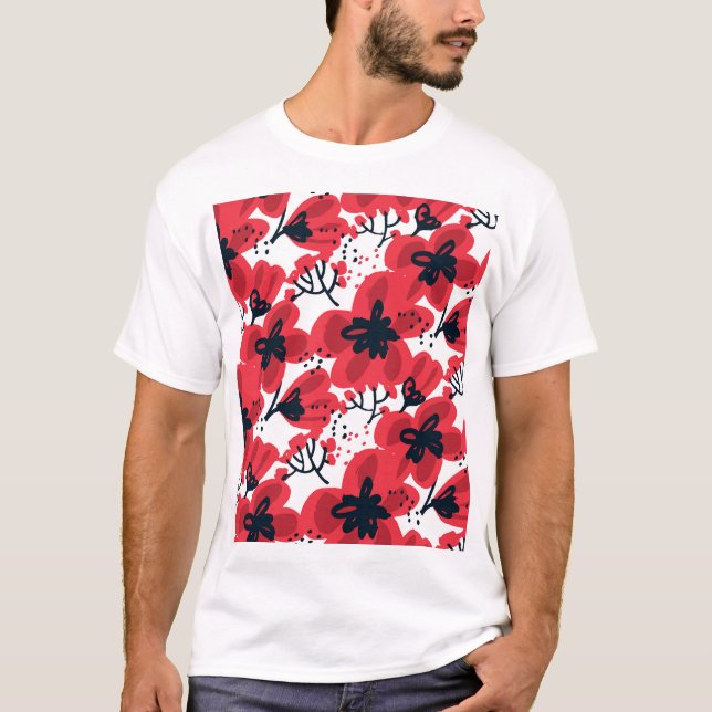 Blossom Red: Abstract Hand-Drawn Pattern. T-Shirt (Front)