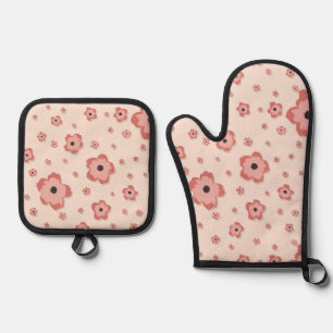 Blossom Warm Salmon Pink Silver Quilted Oven Mitt & Pot Holder Set