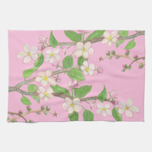 Blossoming Apple Tree Branch Pastel Pink Tea Towel