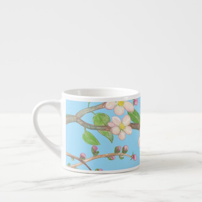 Blossoming Apple Tree Branch Sky Blue Espresso Cup (Left)