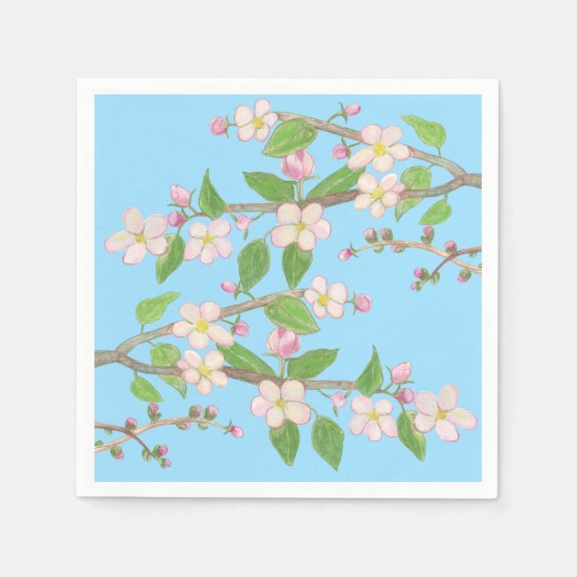 Blossoming Apple Tree Branch Sky Blue Napkin (Front)
