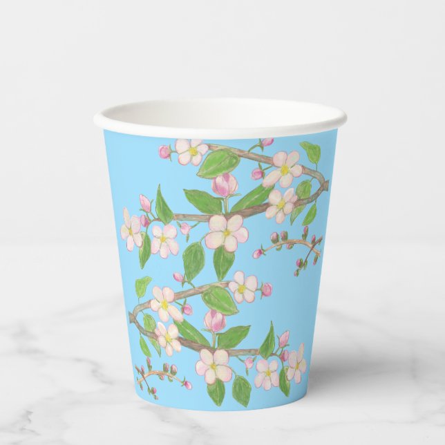 Blossoming Apple Tree Branch Sky Blue Paper Cups (Front)