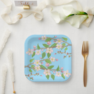 Blossoming Apple Tree Branch Sky Blue Paper Plate