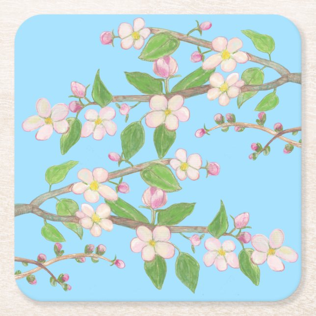 Blossoming Apple Tree Branch Sky Blue Square Paper Coaster (Front)