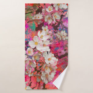 Blossoming apple tree, painting and mixed media ar bath towel