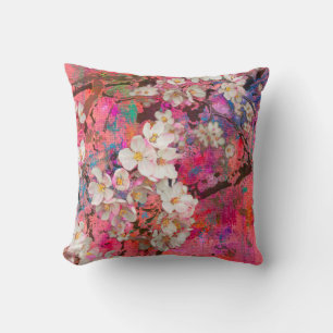 Blossoming apple tree, painting and mixed media ar cushion