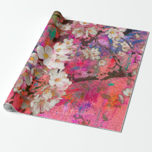 Blossoming apple tree, painting and mixed media ar wrapping paper