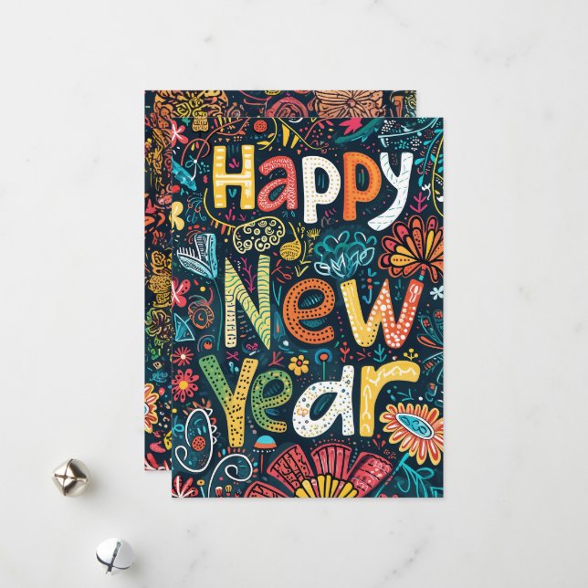 Blossoming Beginnings - A Hand-Drawn New Year's Gr Holiday Card (Front/Back In Situ)