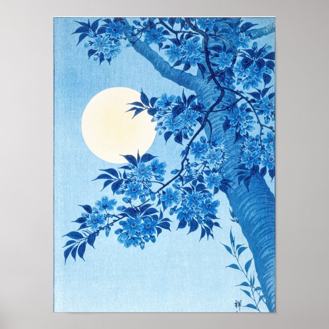 Blossoming Cherry Moonlit Night Ohara Koson Blue12 Poster (Front)