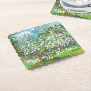 Blossoming garden painting watercolor paper coaster