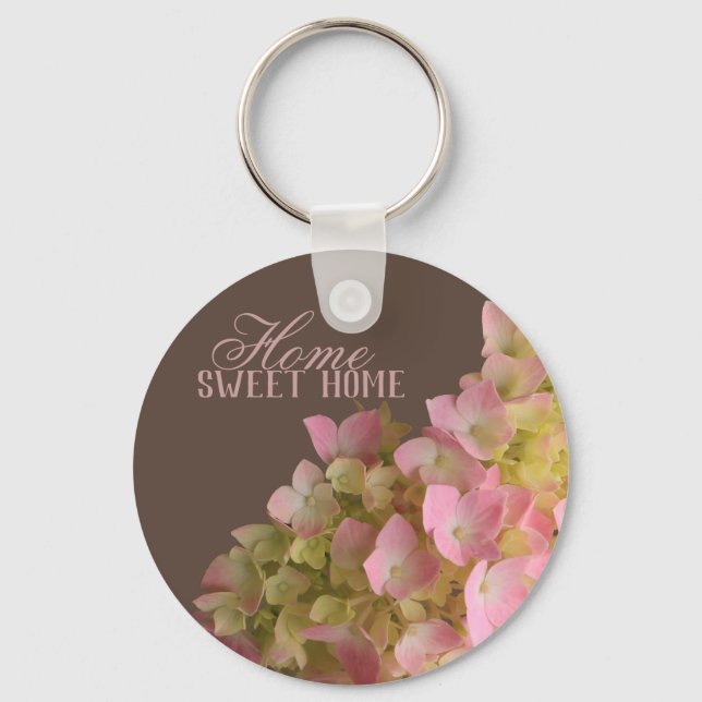 Blossoming Hydrangea Floral on Derby Brown Metal Key Ring (Front)