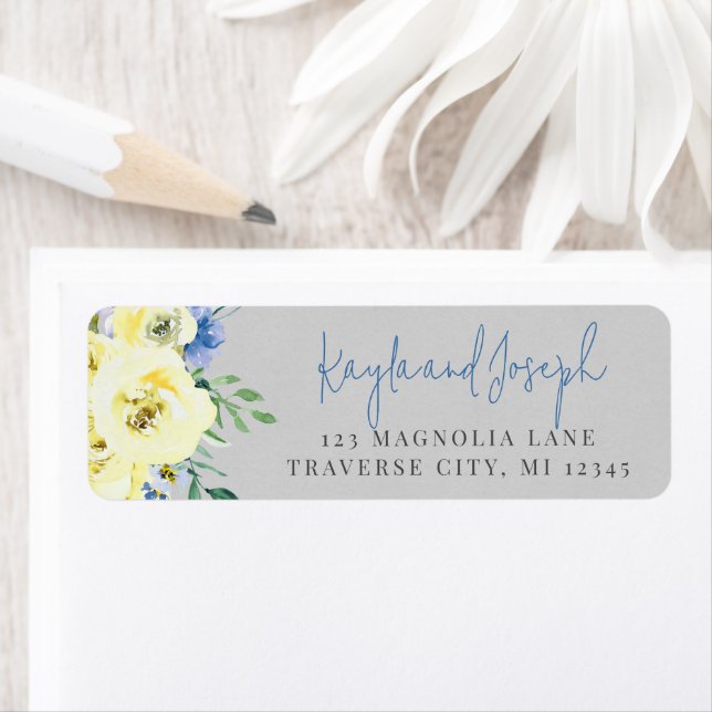 Blossoming Love Blue Yellow Floral Return Address Label (Insitu)