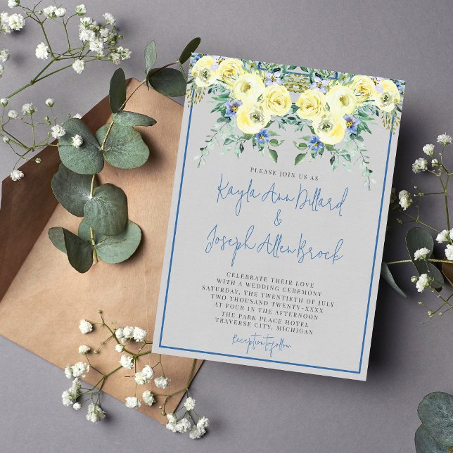 Blossoming Love Blue Yellow Spring Summer Wedding Invitation (Creator Uploaded)