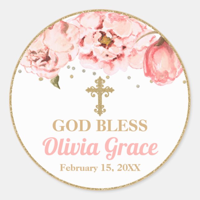 Blossoming Peonies Pink Blush & Gold Baptism Classic Round Sticker (Front)