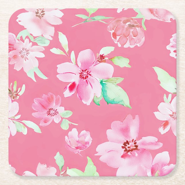 Blossoming Pink Floral Paper Coasters (Front)