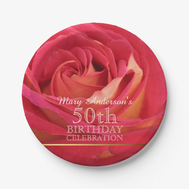 Blossoming Rose 50th Birthday Celebration Party PP Paper Plate (Front)