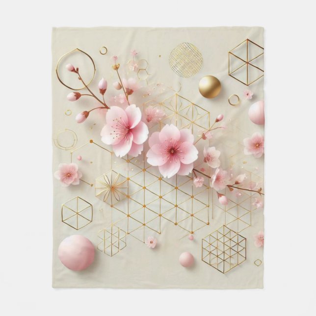 Blossoming Sakura Geometric Fleece Blanket (Front)