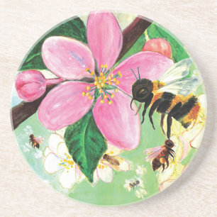 Blossoming Tree with Bees Illustration Coaster