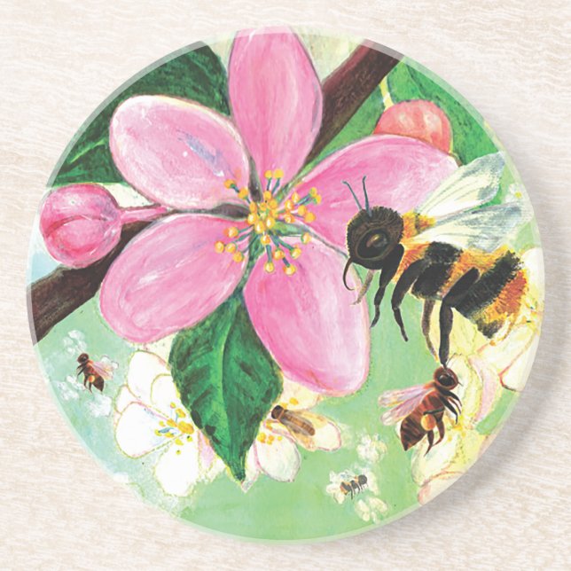 Blossoming Tree with Bees Illustration Coaster (Front)