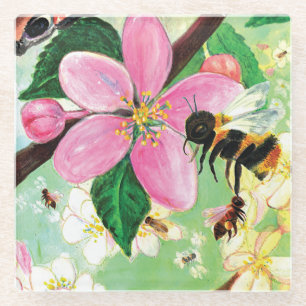 Blossoming Tree with Bees Illustration Trivet Glass Coaster