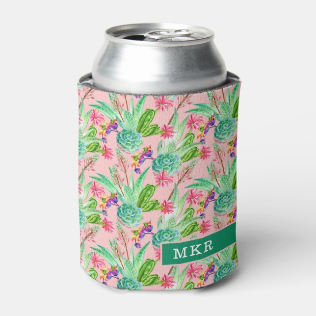 Blossoming Watercolor Succulents Pattern Can Cooler (Can Front)
