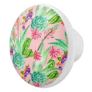 Blossoming Watercolor Succulents Pattern Ceramic Knob