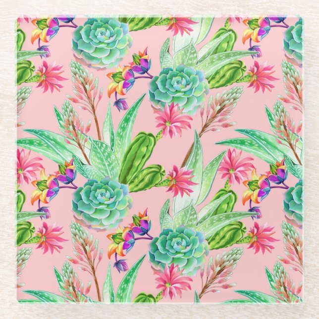 Blossoming Watercolor Succulents Pattern Glass Coaster (Front)