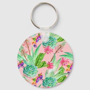 Blossoming Watercolor Succulents Pattern Key Ring