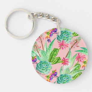 Blossoming Watercolor Succulents Pattern Key Ring