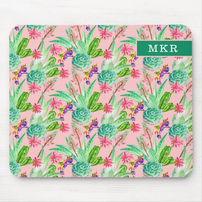 Blossoming Watercolor Succulents Pattern Mouse Pad (Front)
