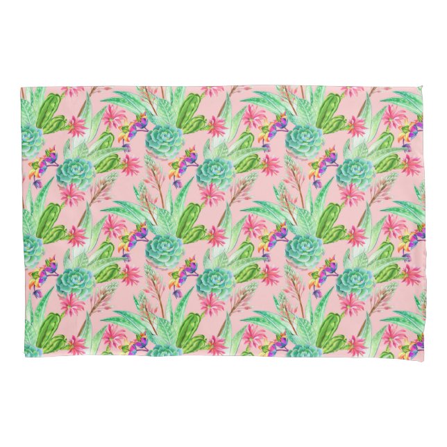 Blossoming Watercolor Succulents Pattern Pillowcase (Front-Left)