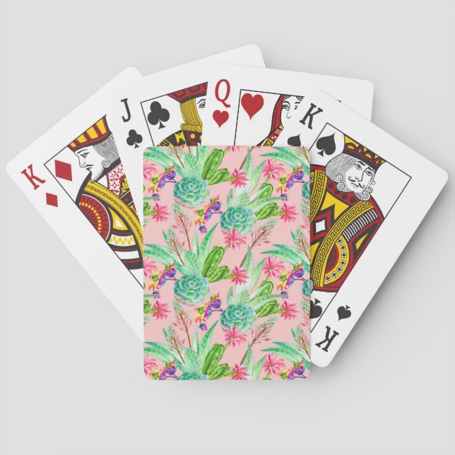 Blossoming Watercolor Succulents Pattern Playing Cards (Back)