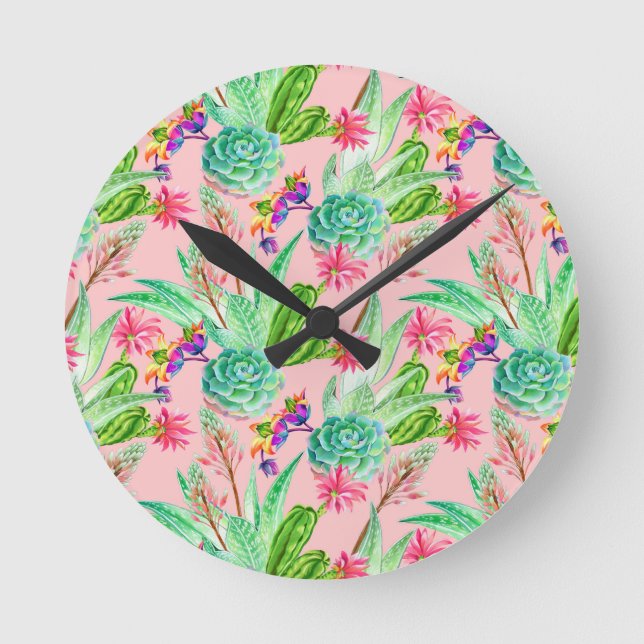 Blossoming Watercolor Succulents Pattern Round Clock (Front)