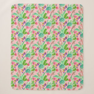 Blossoming Watercolor Succulents Pattern Sherpa Blanket