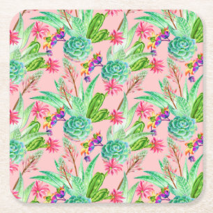 Blossoming Watercolor Succulents Pattern Square Paper Coaster