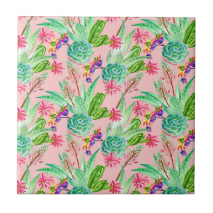 Blossoming Watercolor Succulents Pattern Tile