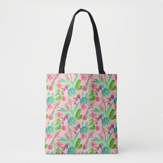 Blossoming Watercolor Succulents Pattern Tote Bag (Front)