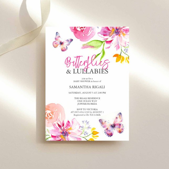 Blossoms and Butterflies Garden BabyShower Invitation (watercolor butterfly baby shower invitations in pink, peach and lavender by Victoria Grigaliunas)