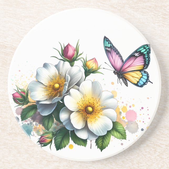 Blossoms & Butterflies Sandstone Coaster (Front)