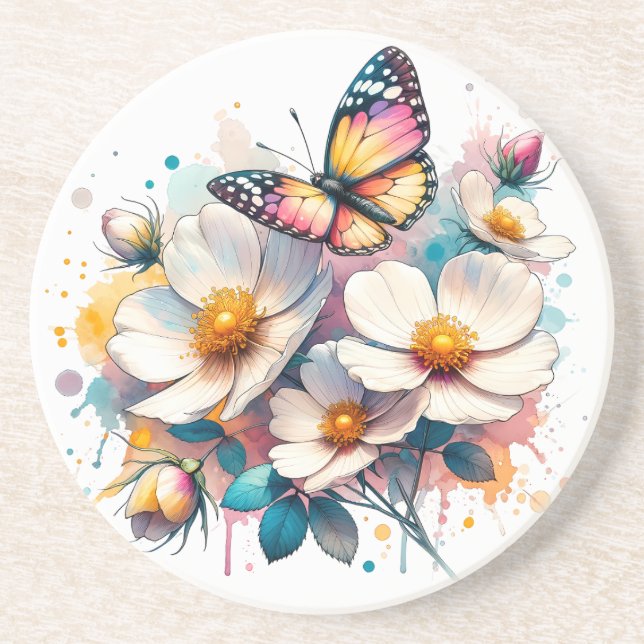 Blossoms & Butterflies Sandstone Coaster (Front)