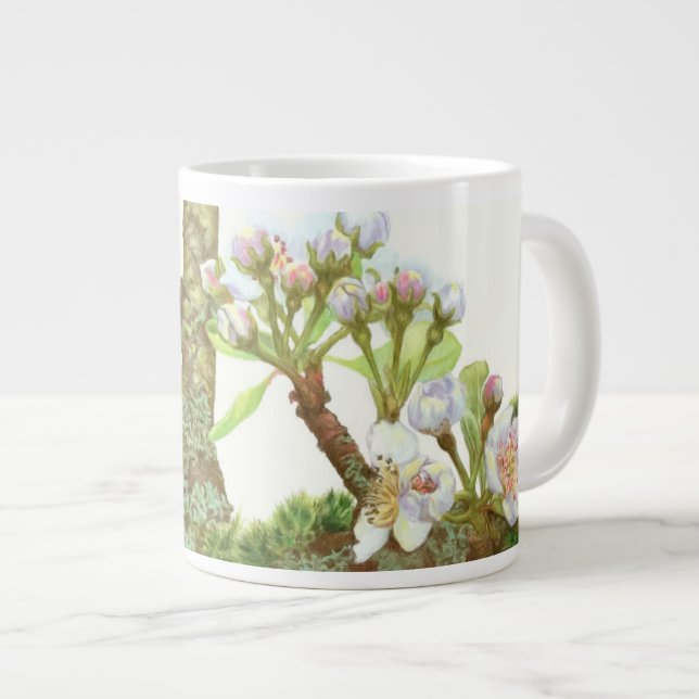 Blossoms flowering on a branch, white floral large coffee mug (Front Right)
