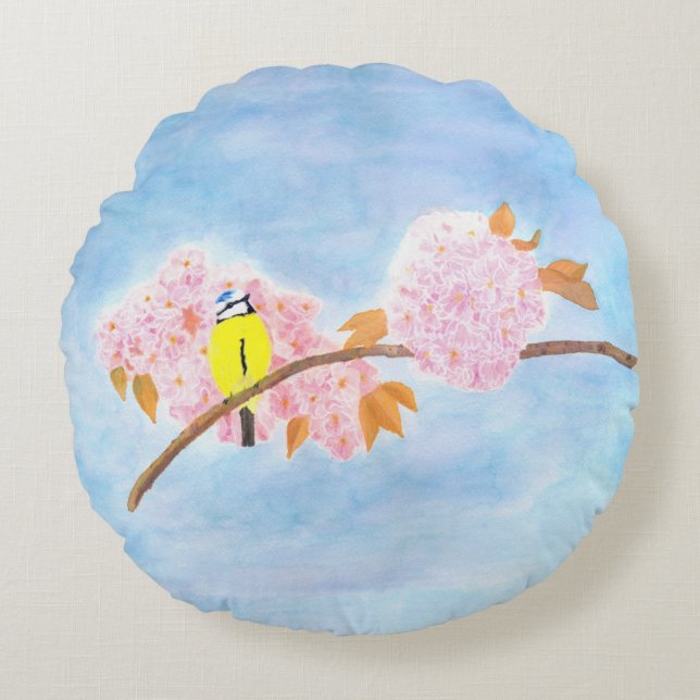 Blossoms & Garden Bird Round Cushion (Front)